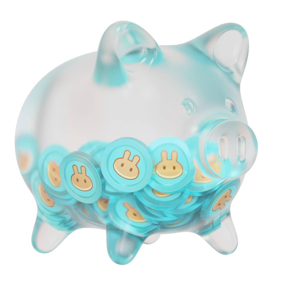 PancakeSwap CAKE Glass piggy bank with decreasing piles of crypto coins.Saving inflation, financial crisis and loosing money concept 3d illustration png