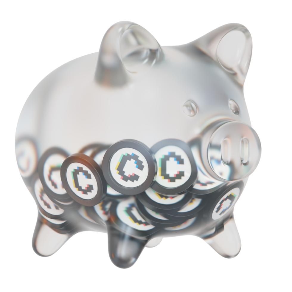 Convex Finance CVX Glass piggy bank with decreasing piles of crypto coins.Saving inflation, financial crisis and loosing money concept 3d illustration png