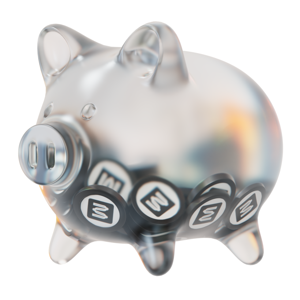 Mina MINA Glass piggy bank with decreasing piles of crypto coins.Saving inflation, financial crisis and loosing money concept 3d illustration png