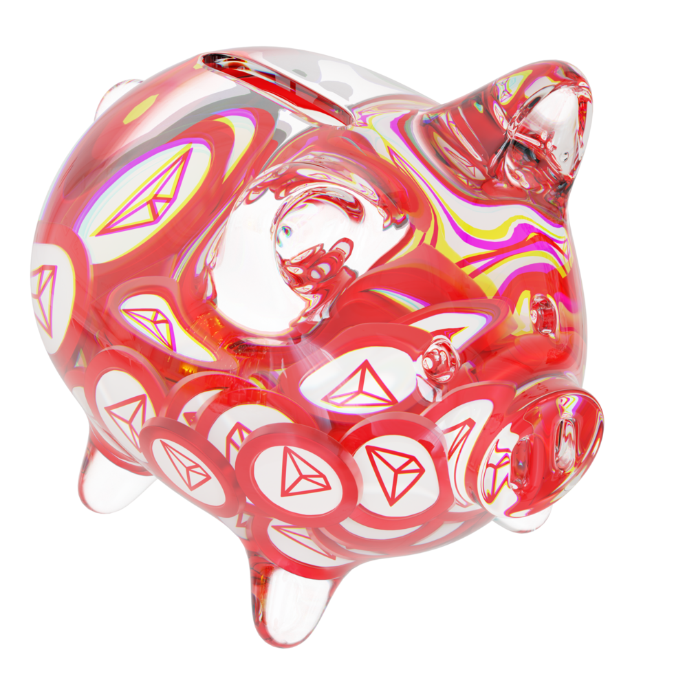 TRON TRX Glass piggy bank with decreasing piles of crypto coins.Saving inflation, financial crisis and loosing money concept 3d illustration png