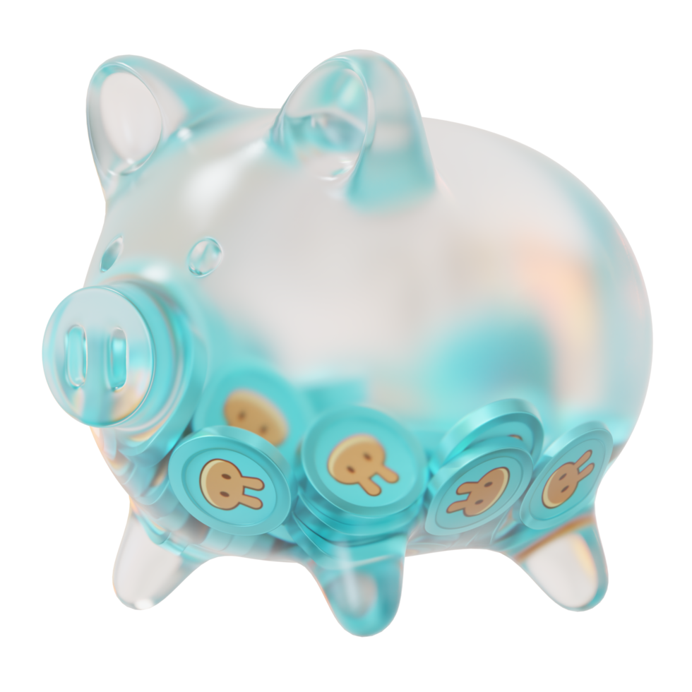 PancakeSwap CAKE Glass piggy bank with decreasing piles of crypto coins.Saving inflation, financial crisis and loosing money concept 3d illustration png