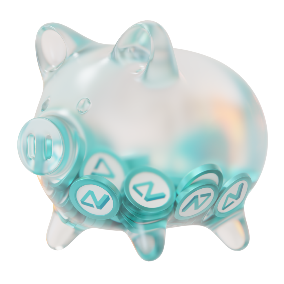 Zilliqa ZIL Glass piggy bank with decreasing piles of crypto coins.Saving inflation, financial crisis and loosing money concept 3d illustration png