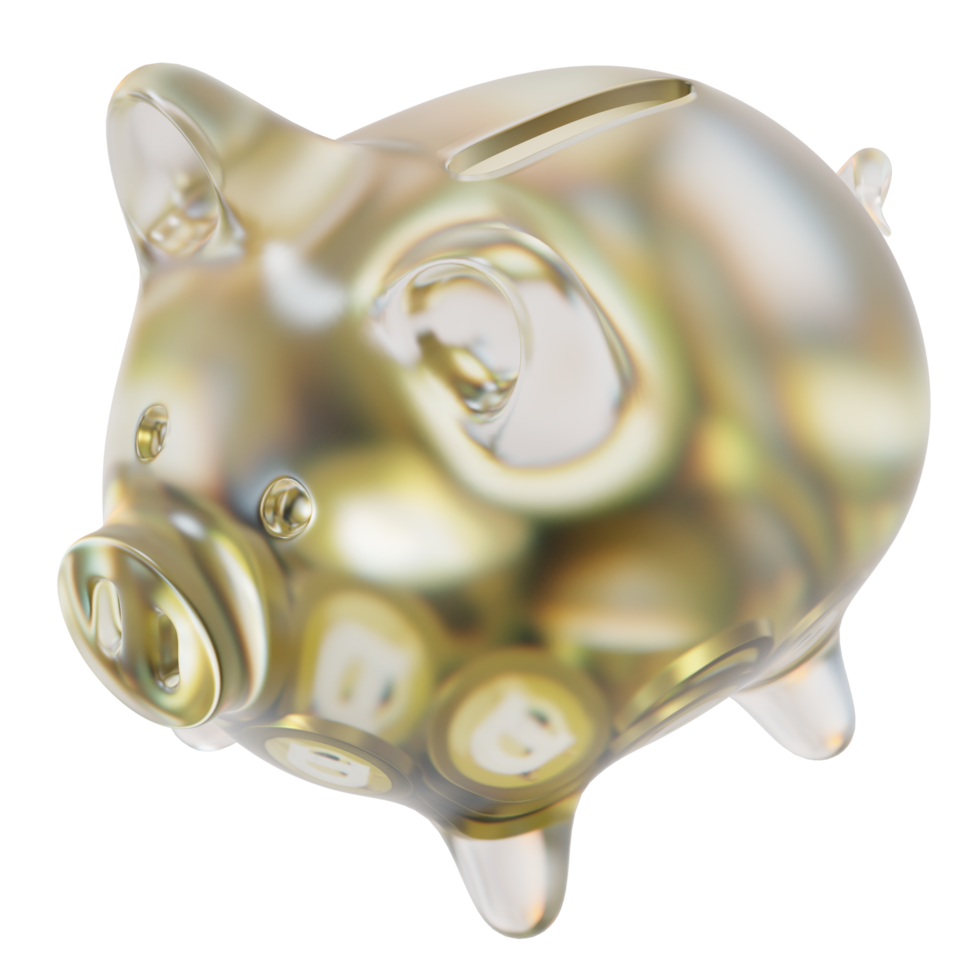 Dogecoin DOGE Glass piggy bank with decreasing piles of crypto coins.Saving inflation, financial crisis and loosing money concept 3d illustration png