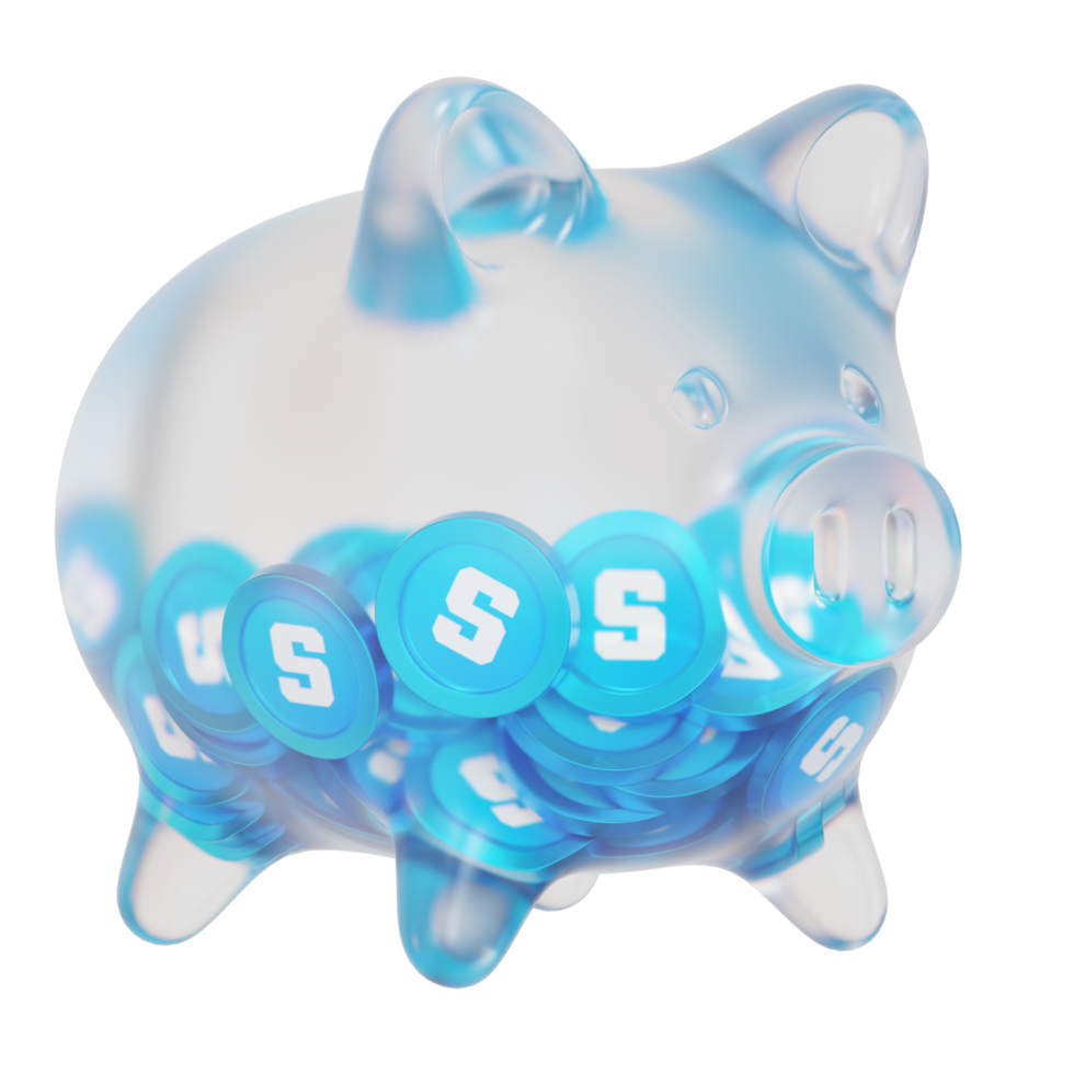 The Sandbox SAND Glass piggy bank with decreasing piles of crypto coins.Saving inflation, financial crisis and loosing money concept 3d illustration png