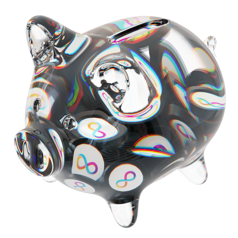 Internet Computer ICP Glass piggy bank with decreasing piles of crypto coins.Saving inflation, financial crisis and loosing money concept 3d illustration png