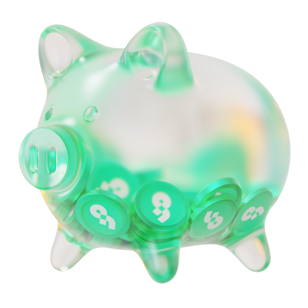 Flow FLOW Glass piggy bank with decreasing piles of crypto coins.Saving inflation, financial crisis and loosing money concept 3d illustration png