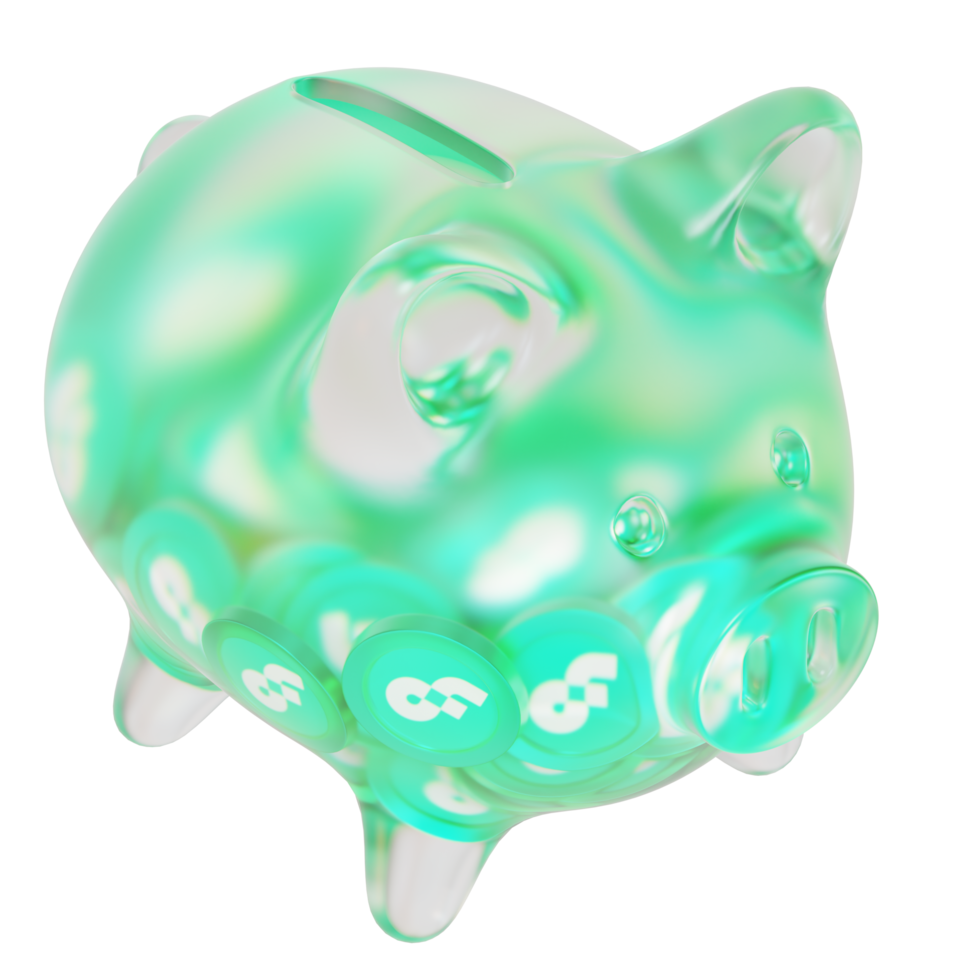Flow FLOW Glass piggy bank with decreasing piles of crypto coins.Saving inflation, financial crisis and loosing money concept 3d illustration png