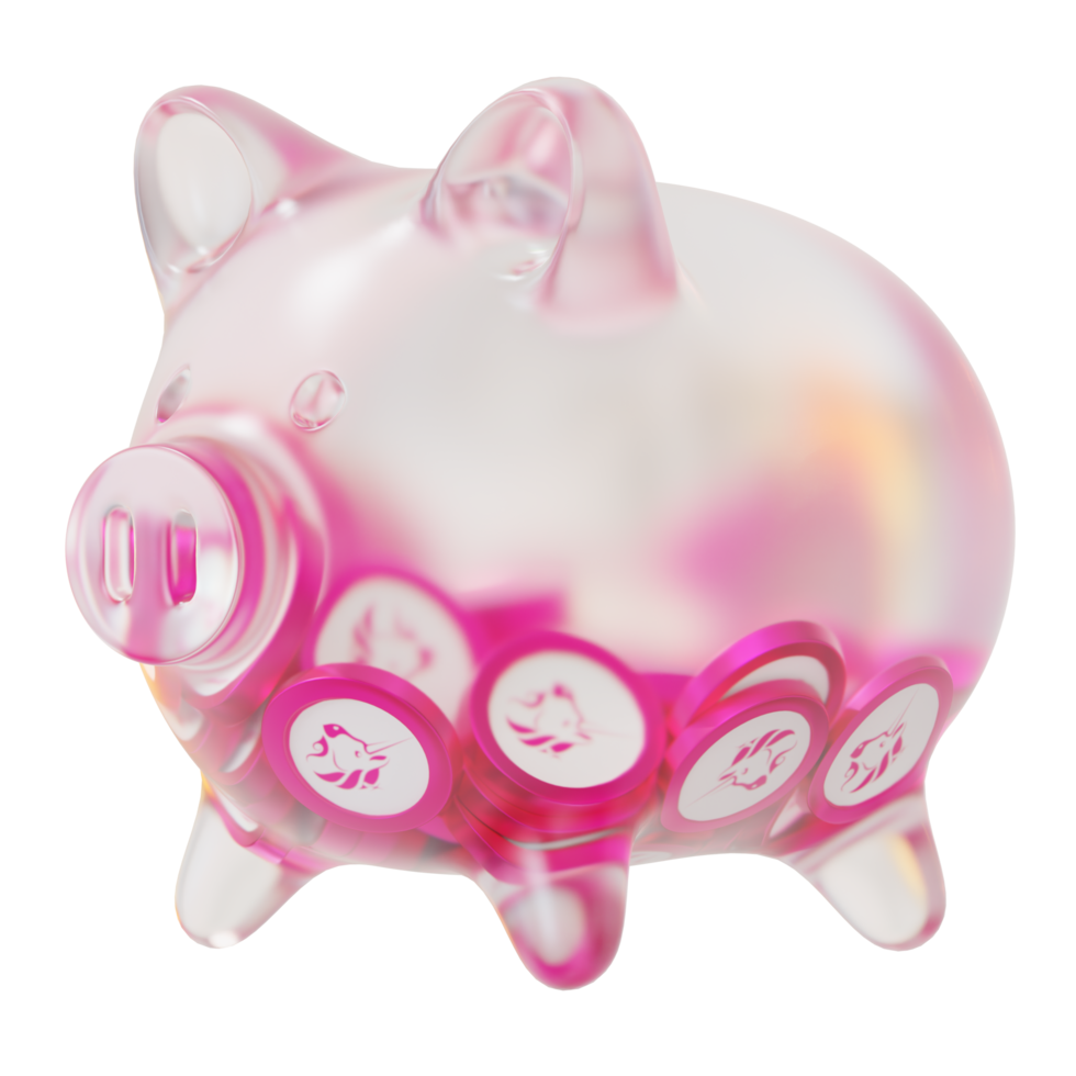 Uniswap UNI Glass piggy bank with decreasing piles of crypto coins.Saving inflation, financial crisis and loosing money concept 3d illustration png