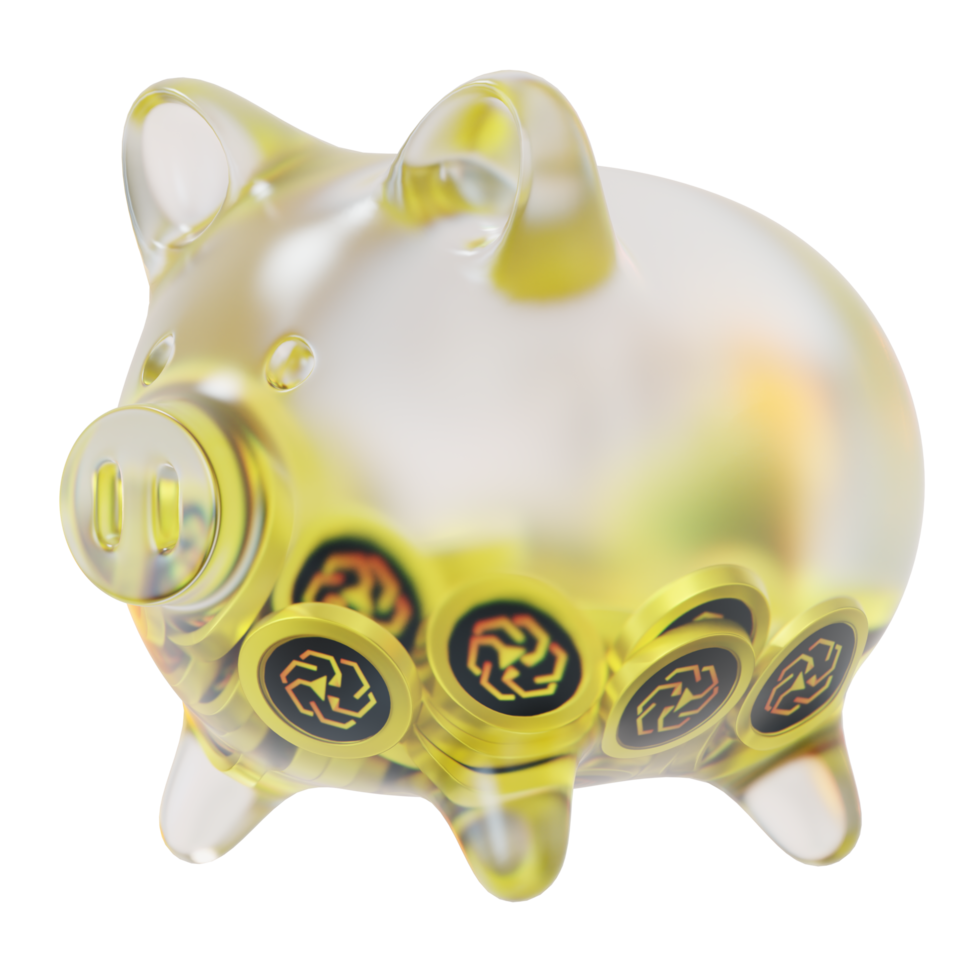 UNUS SED LEO LEO Glass piggy bank with decreasing piles of crypto coins.Saving inflation, financial crisis and loosing money concept 3d illustration png