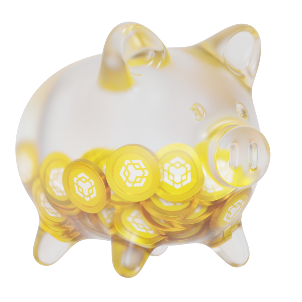 Binance Coin BNB Glass piggy bank with decreasing piles of crypto coins.Saving inflation, financial crisis and loosing money concept 3d illustration png