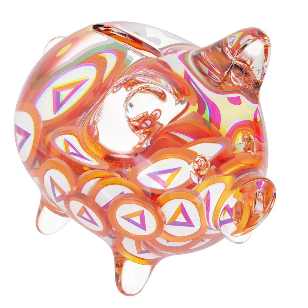 Basic Attention Token BAT Glass piggy bank with decreasing piles of crypto coins.Saving inflation, financial crisis and loosing money concept 3d illustration png