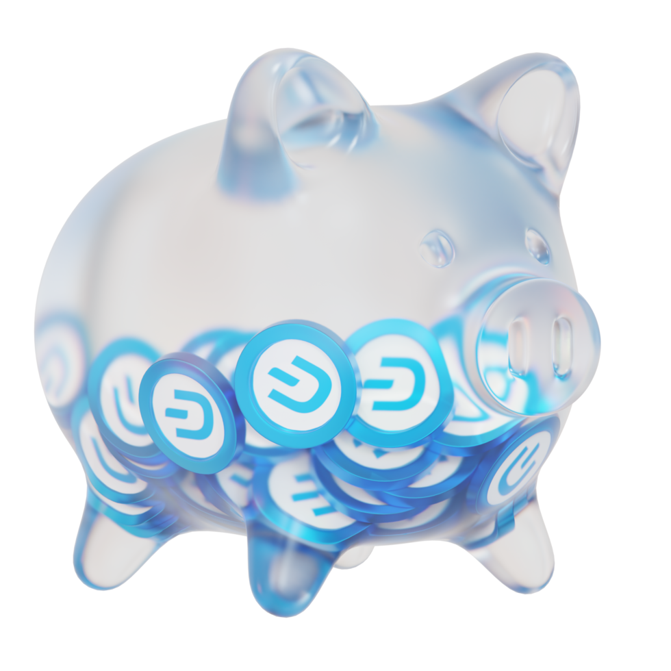 Dash DASH Glass piggy bank with decreasing piles of crypto coins.Saving inflation, financial crisis and loosing money concept 3d illustration png