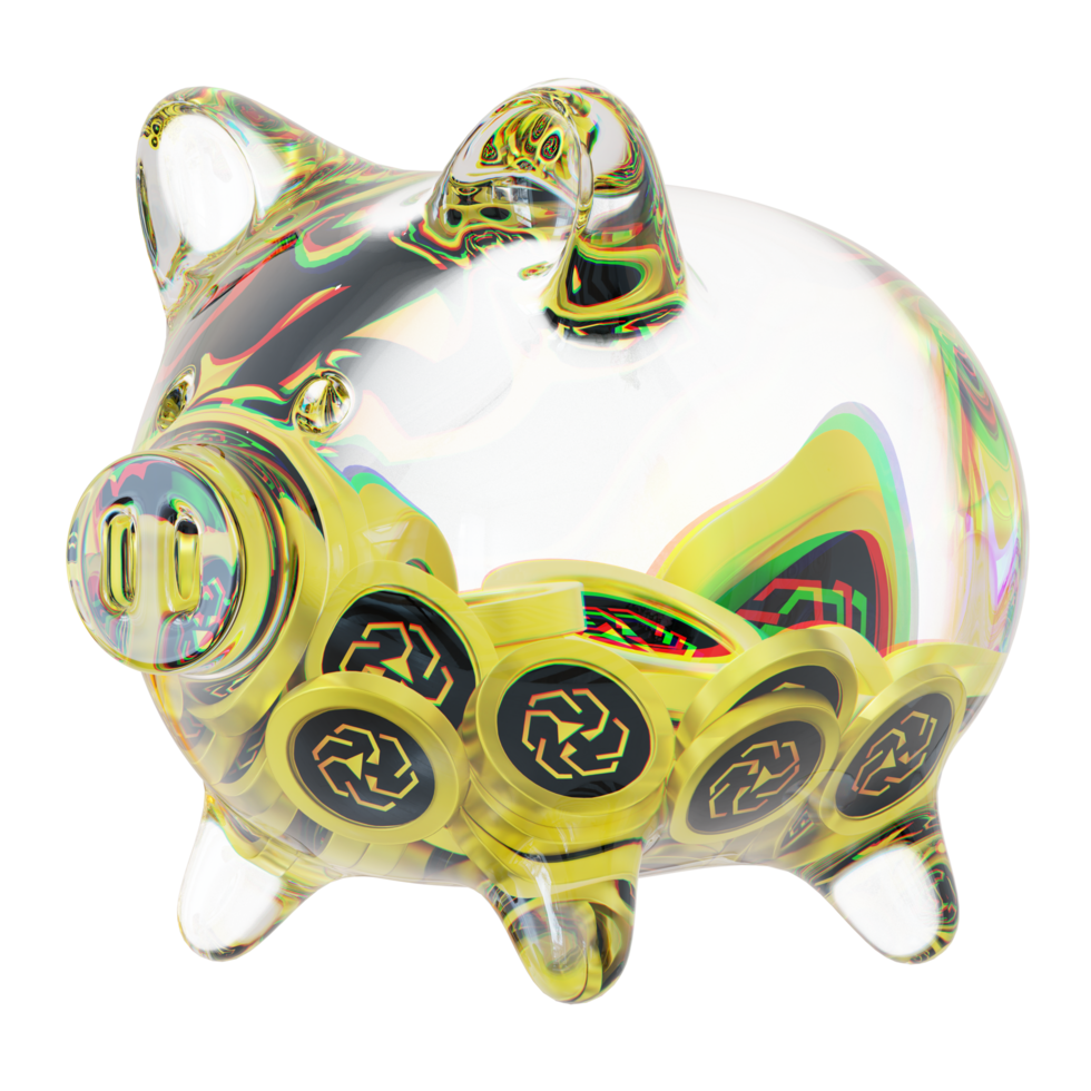 UNUS SED LEO LEO Glass piggy bank with decreasing piles of crypto coins.Saving inflation, financial crisis and loosing money concept 3d illustration png
