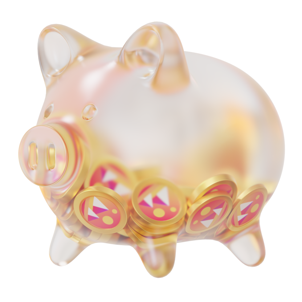 Decentraland MANA Glass piggy bank with decreasing piles of crypto coins.Saving inflation, financial crisis and loosing money concept 3d illustration png