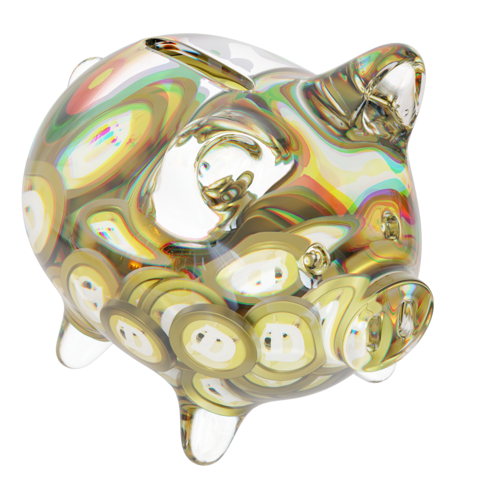Dogecoin DOGE Glass piggy bank with decreasing piles of crypto coins.Saving inflation, financial crisis and loosing money concept 3d illustration png