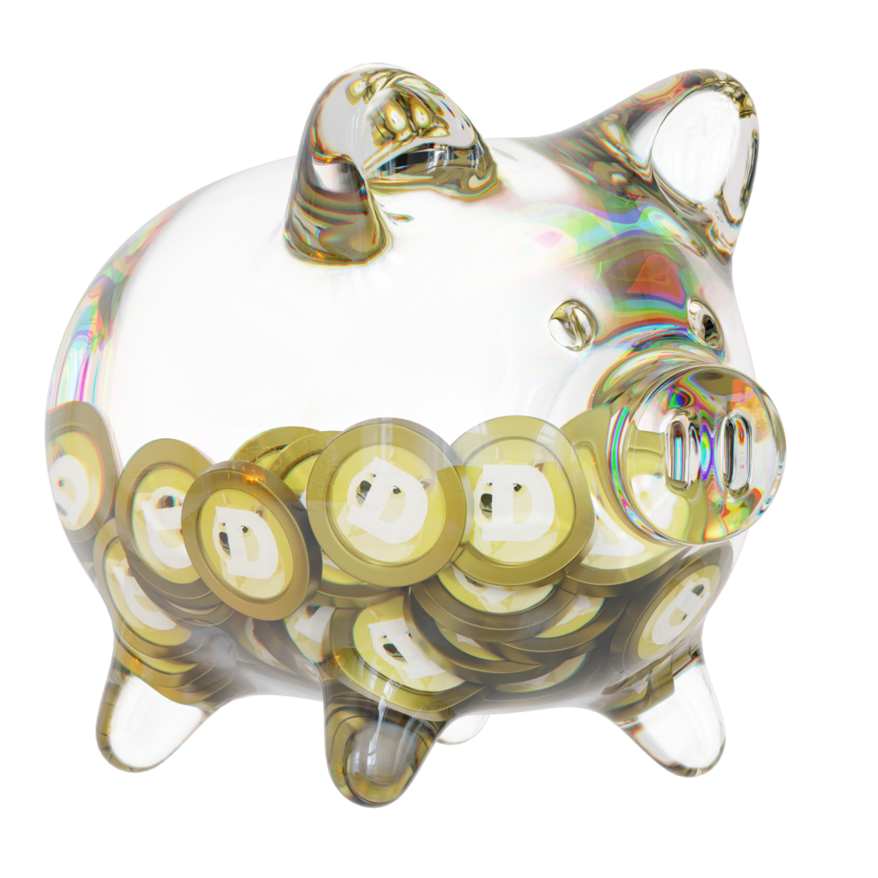 Dogecoin DOGE Glass piggy bank with decreasing piles of crypto coins.Saving inflation, financial crisis and loosing money concept 3d illustration png
