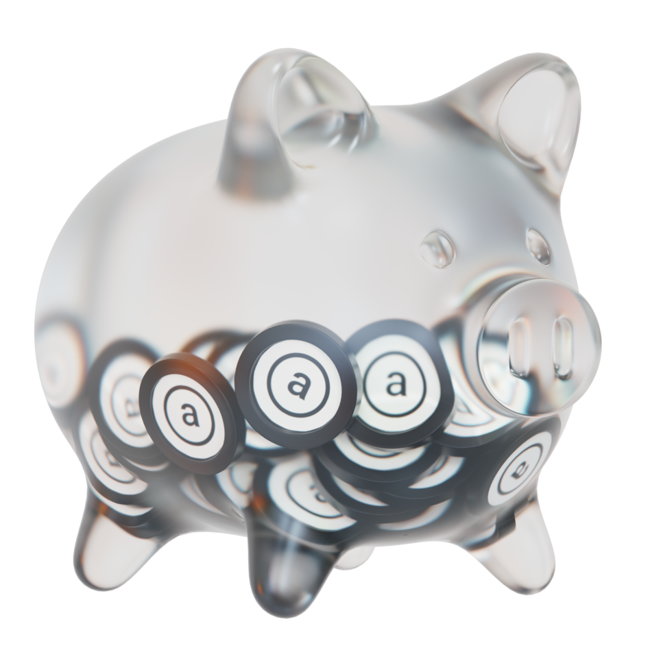 arweave ar sparschwein aus glas mit abnehmenden stapeln von kryptomünzen. einsparung von inflation, finanzkrise und geldverlustkonzept 3d-illustration png