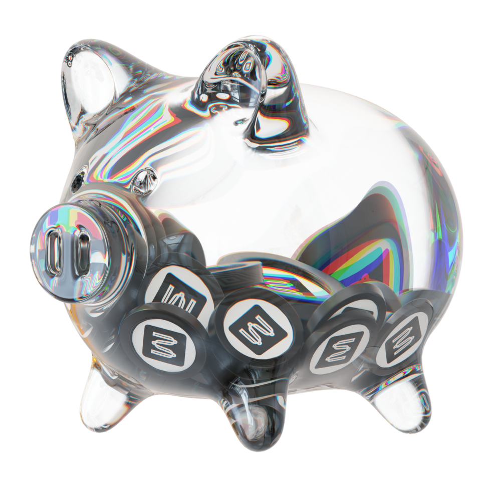 Mina MINA Glass piggy bank with decreasing piles of crypto coins.Saving inflation, financial crisis and loosing money concept 3d illustration png