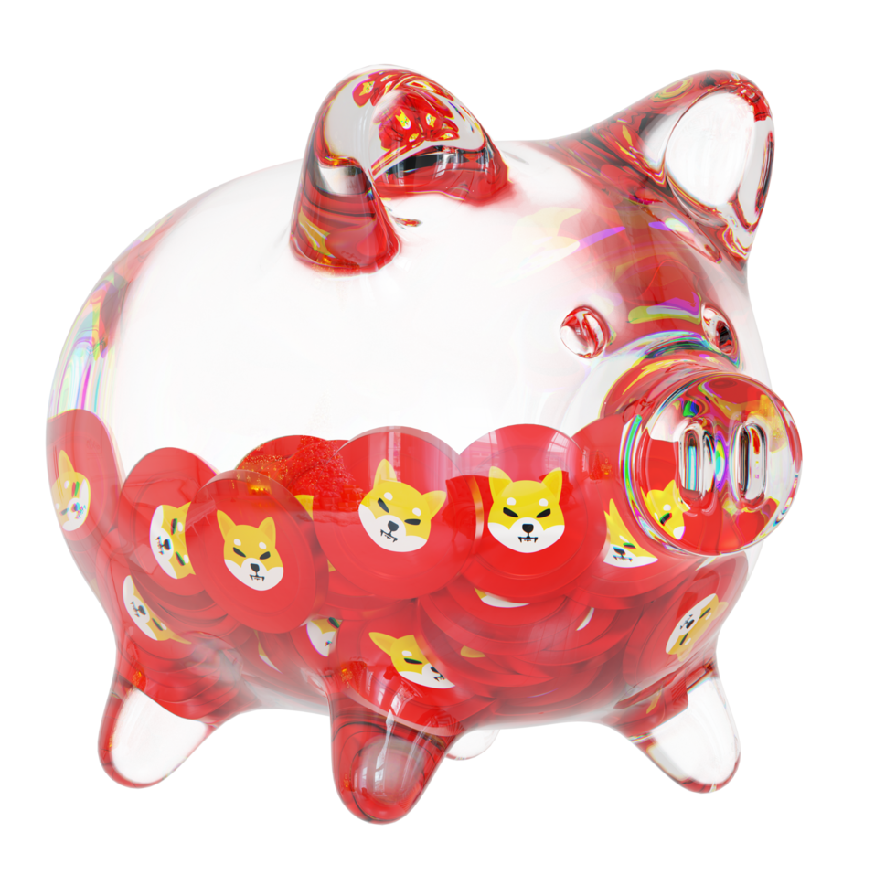 Shiba Inu SHIB Glass piggy bank with decreasing piles of crypto coins.Saving inflation, financial crisis and loosing money concept 3d illustration png