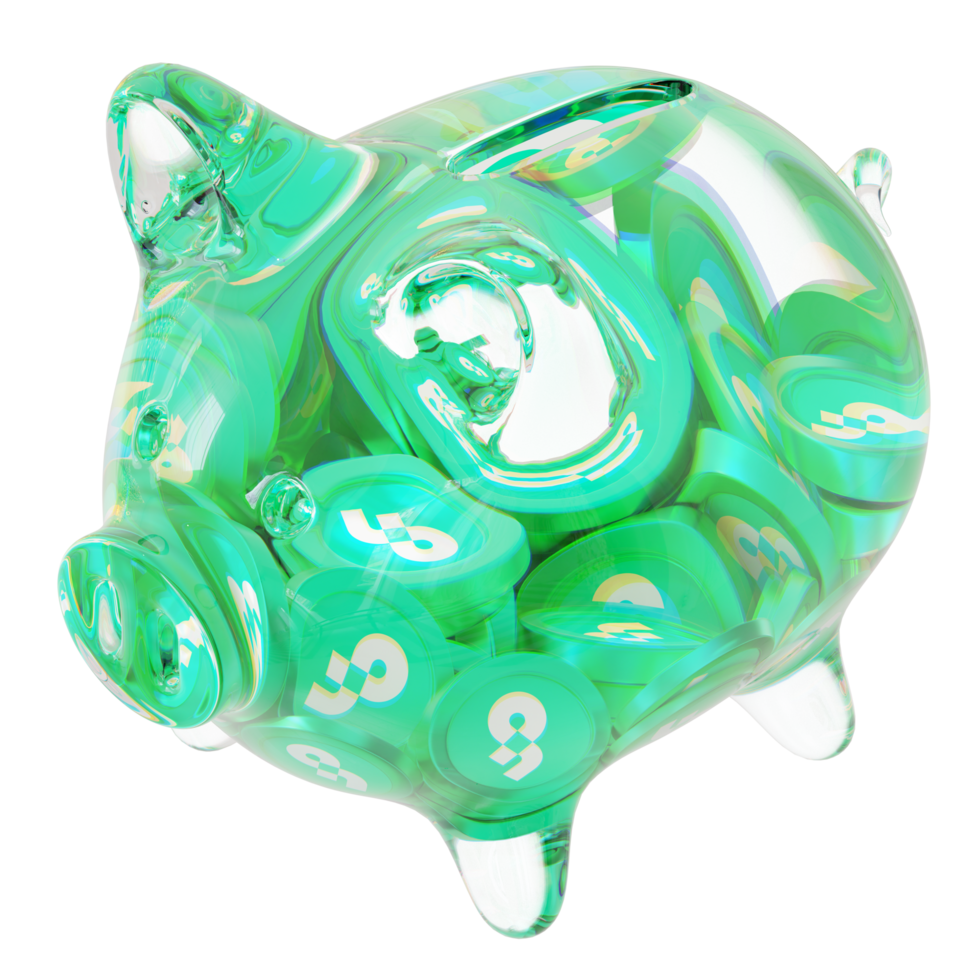 Flow FLOW Glass piggy bank with decreasing piles of crypto coins.Saving inflation, financial crisis and loosing money concept 3d illustration png