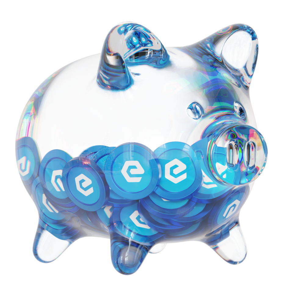eCash XEC Glass piggy bank with decreasing piles of crypto coins.Saving inflation, financial crisis and loosing money concept 3d illustration png