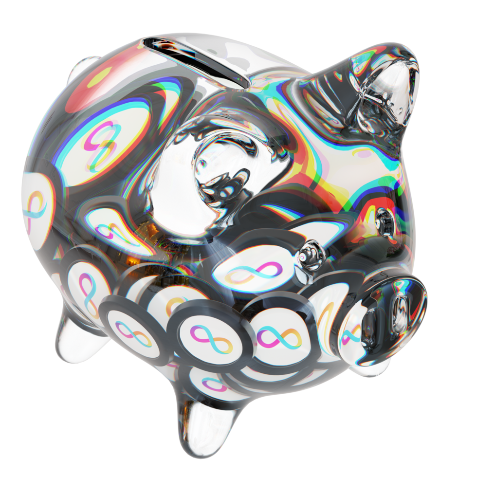 Internet Computer ICP Glass piggy bank with decreasing piles of crypto coins.Saving inflation, financial crisis and loosing money concept 3d illustration png