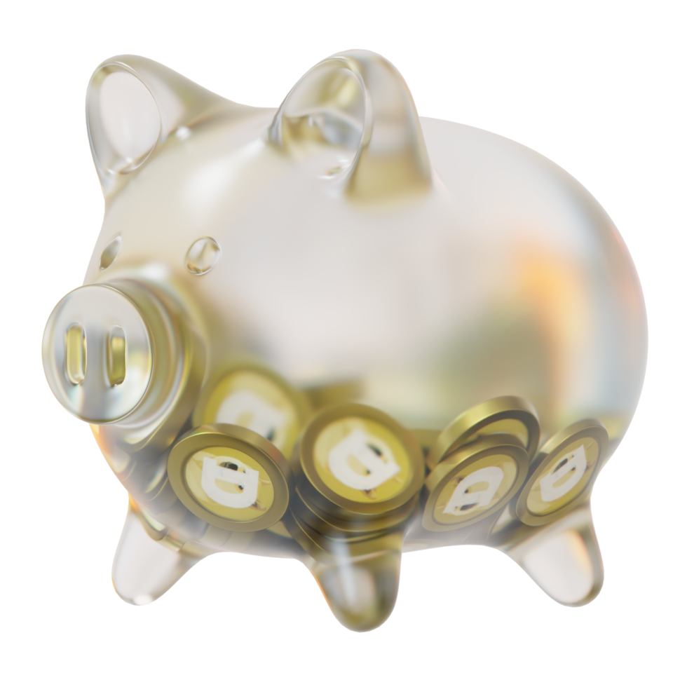 Dogecoin DOGE Glass piggy bank with decreasing piles of crypto coins.Saving inflation, financial crisis and loosing money concept 3d illustration png
