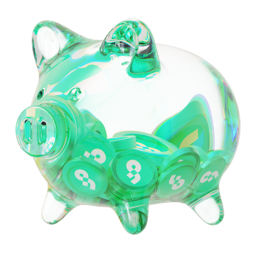 Flow FLOW Glass piggy bank with decreasing piles of crypto coins.Saving inflation, financial crisis and loosing money concept 3d illustration png