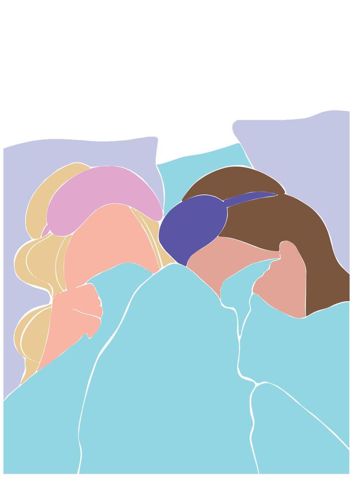 Beautiful poster with girls on a soft background. A friendly night at a friend's. Girls wearing sleep masks in a minimalist style. Vector concept. Vector art.