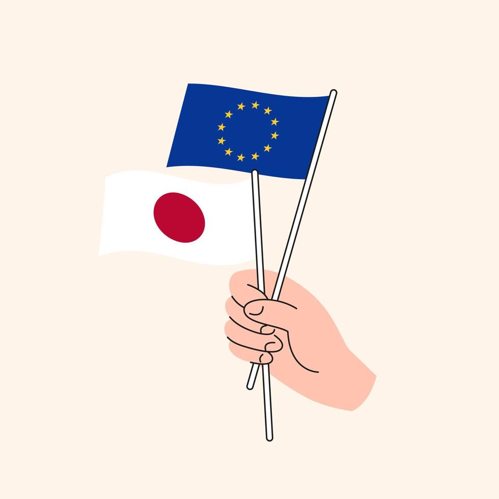 Cartoon Hand Holding European Union And Japanese Flags. EU Japan Relationships. Concept of Diplomacy, Politics And Democratic Negotiations. Flat Design Isolated Vector