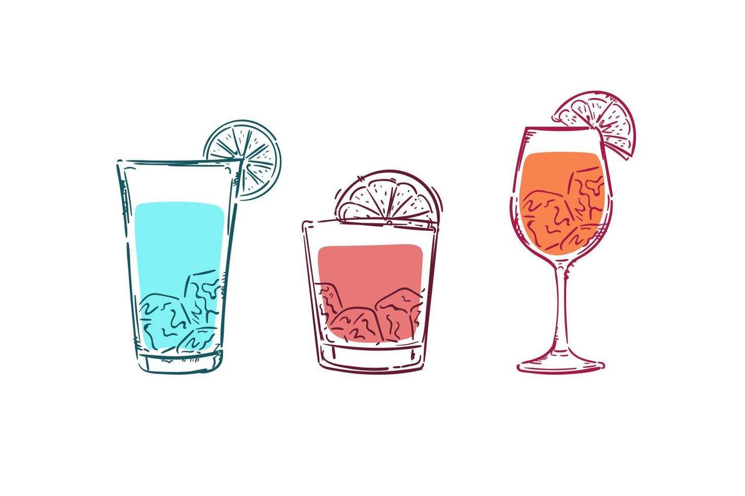 conjunto de cócteles de verano aperol, negroni y gin tonic aislado sobre fondo blanco. dibujo de bebidas alcohólicas. cócteles clásicos de bar clandestino. vector