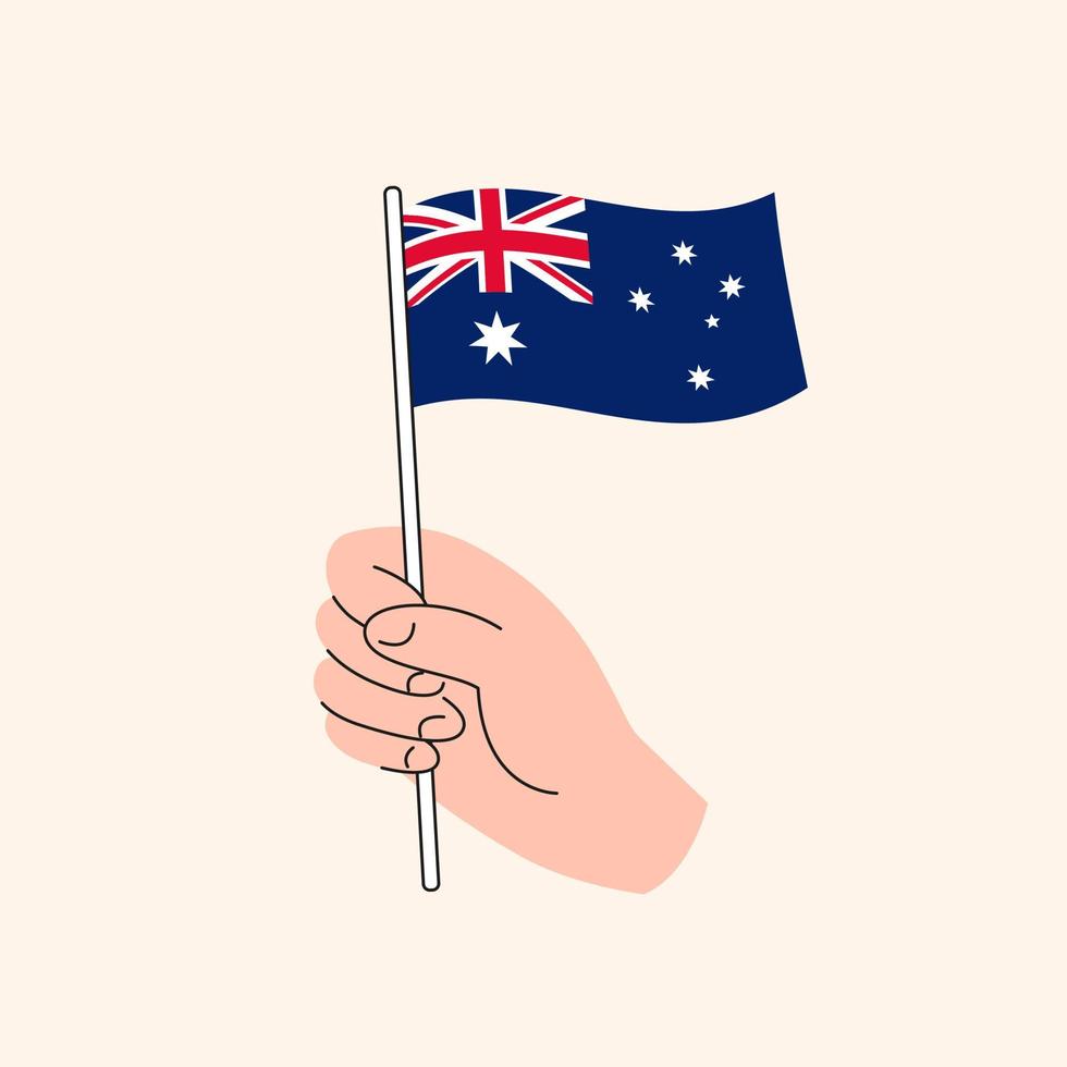 mano de dibujos animados sosteniendo el icono de la bandera australiana. la bandera de australia, ilustración conceptual. vector aislado de diseño plano.
