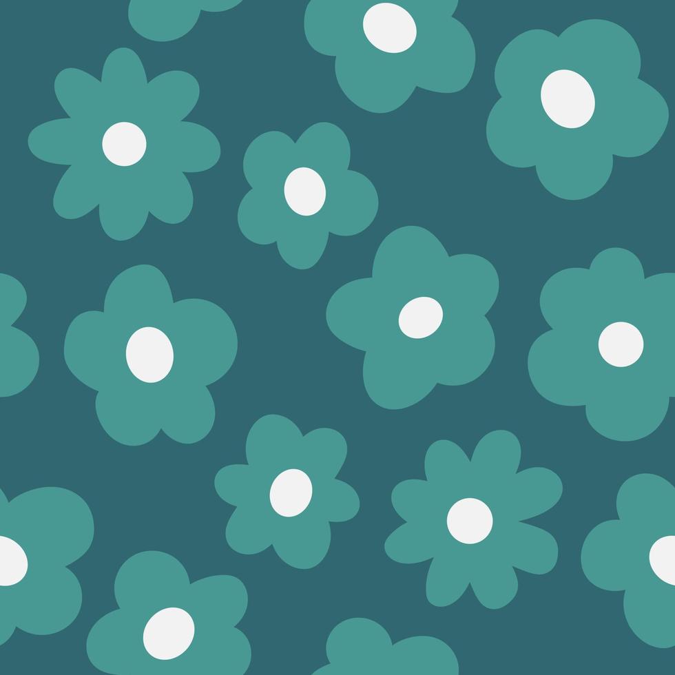 Turquoise Cartoon Flowers Background, Seamless Pattern Vector. Simple Modern Floral Print Design. vector