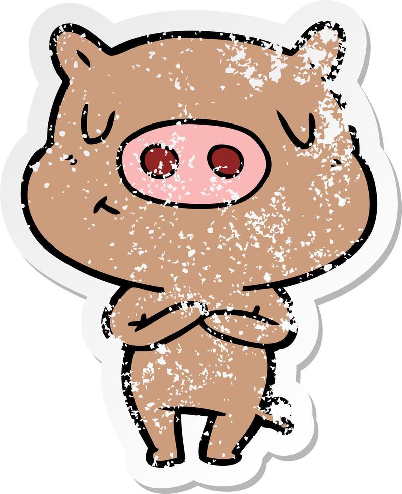 distressed sticker of a cartoon content pig vector