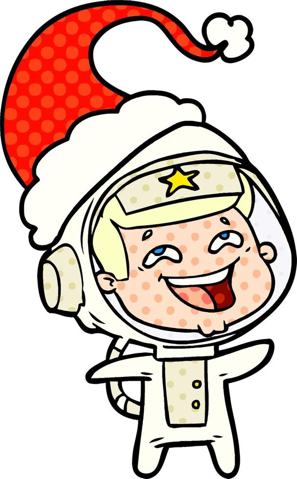 comic book style illustration of a laughing astronaut wearing santa hat vector