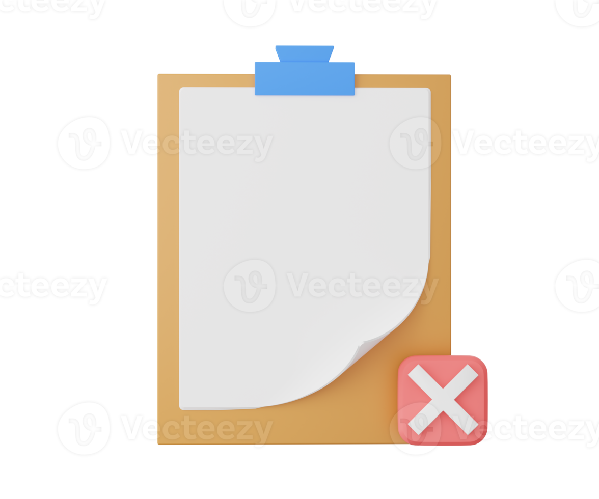 3D clipboard with cross mark. 3D rendering png