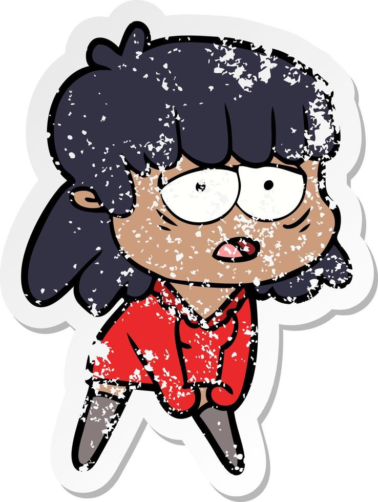 distressed sticker of a cartoon tired woman vector