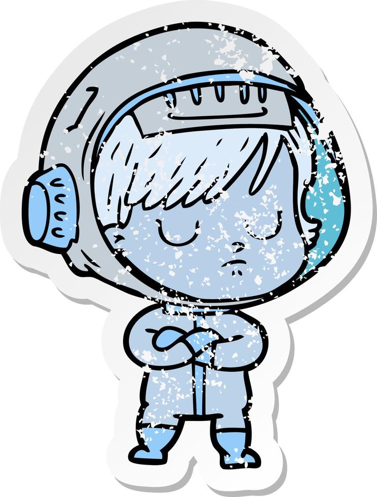 distressed sticker of a cartoon astronaut woman vector