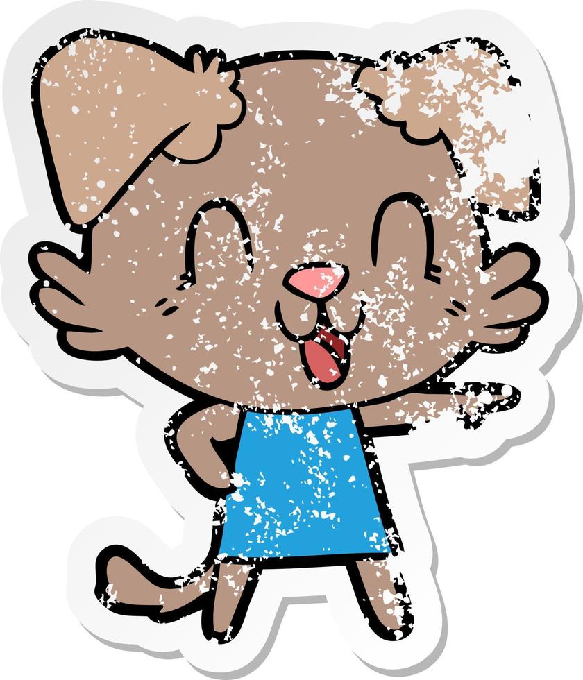 distressed sticker of a laughing cartoon dog in dress vector