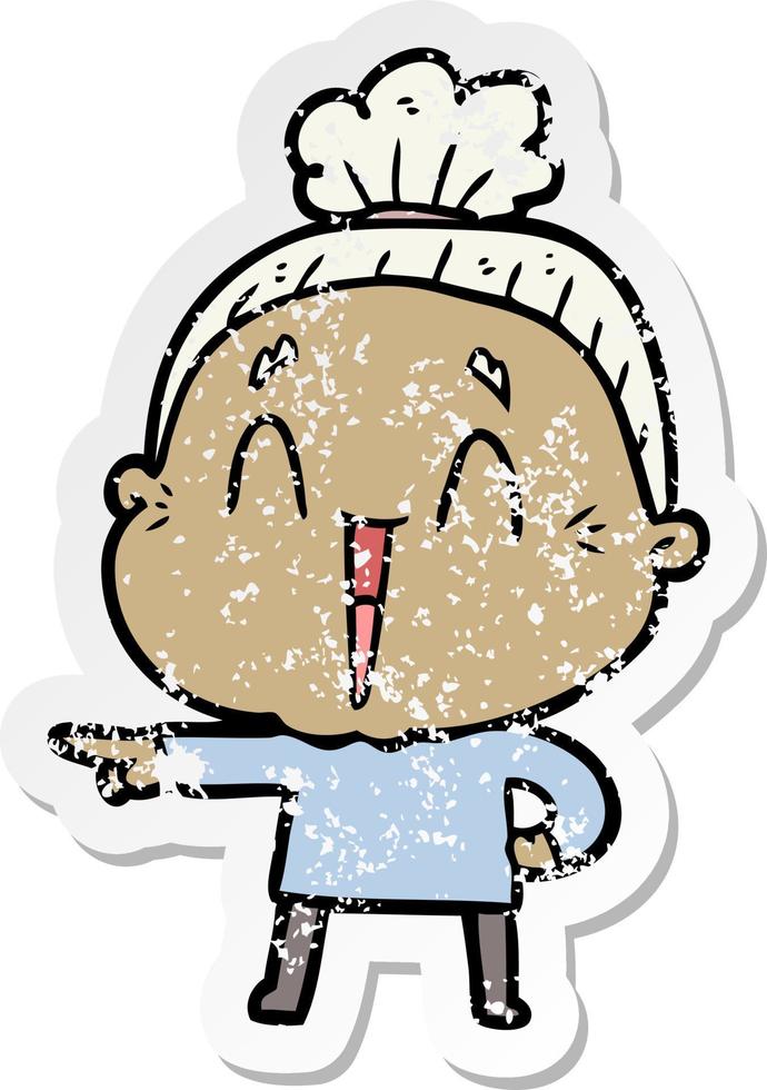 distressed sticker of a cartoon happy old lady vector