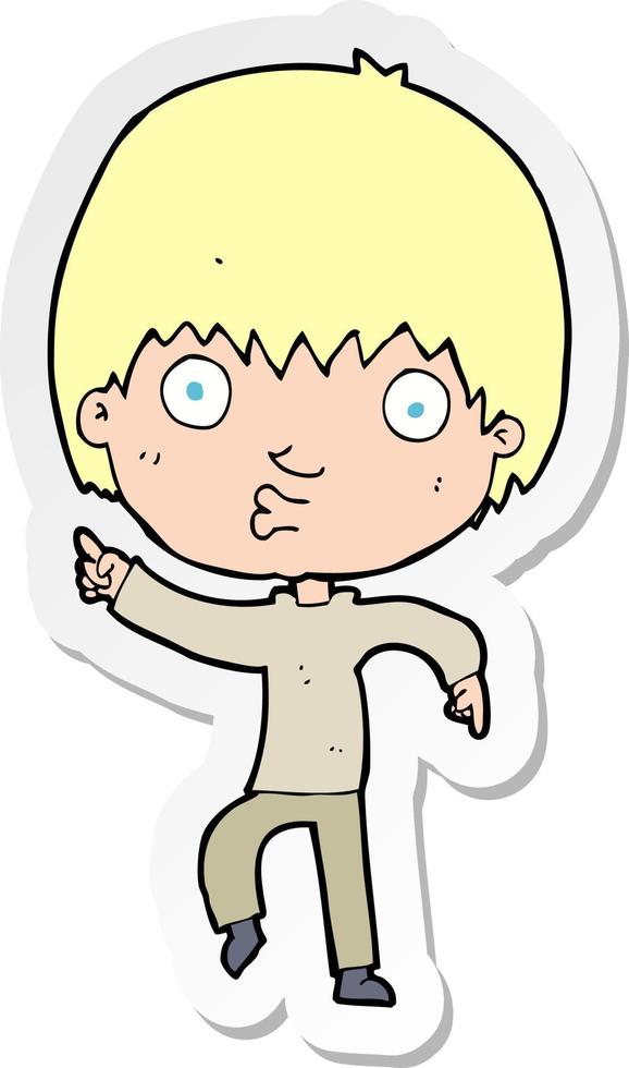 sticker of a cartoon impressed boy pointing vector