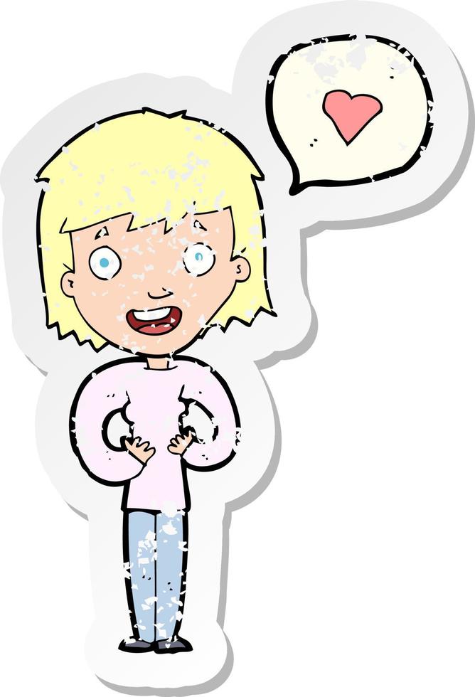 retro distressed sticker of a cartoon happy woman in love vector