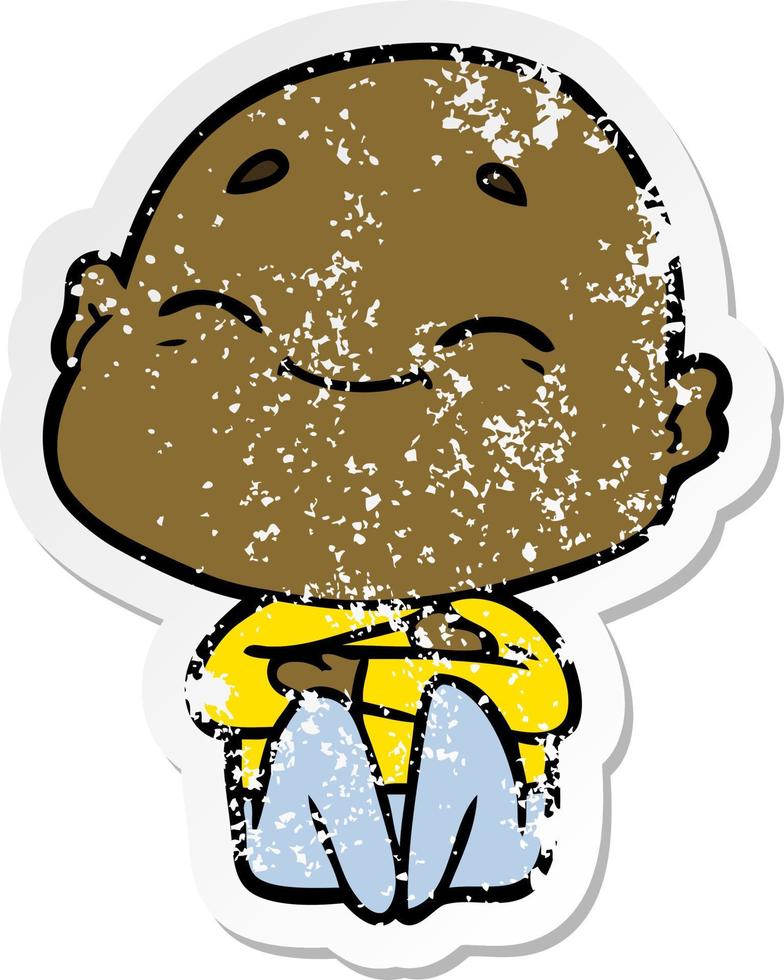 distressed sticker of a happy cartoon bald man vector