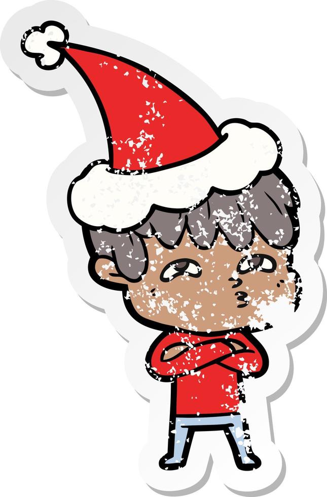 distressed sticker cartoon of a curious man wearing santa hat vector