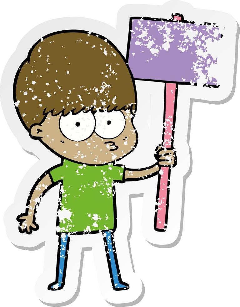 distressed sticker of a nervous cartoon boy holding placard vector