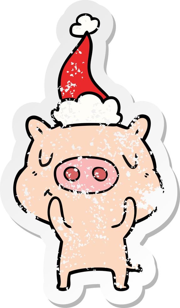 distressed sticker cartoon of a content pig wearing santa hat vector