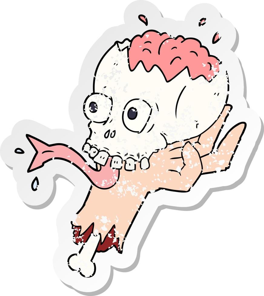 distressed sticker of a cartoon halloween skull in zombie hand vector