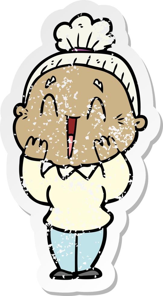 distressed sticker of a cartoon happy old lady vector