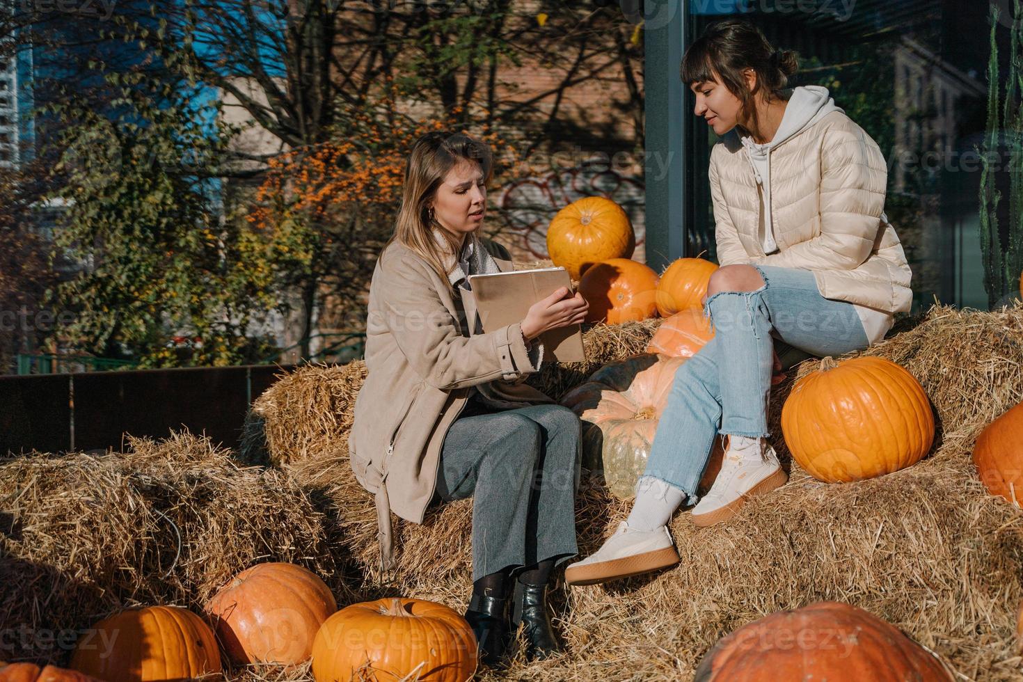 Girls have fun among pumpkins and haystacks on a city street photo