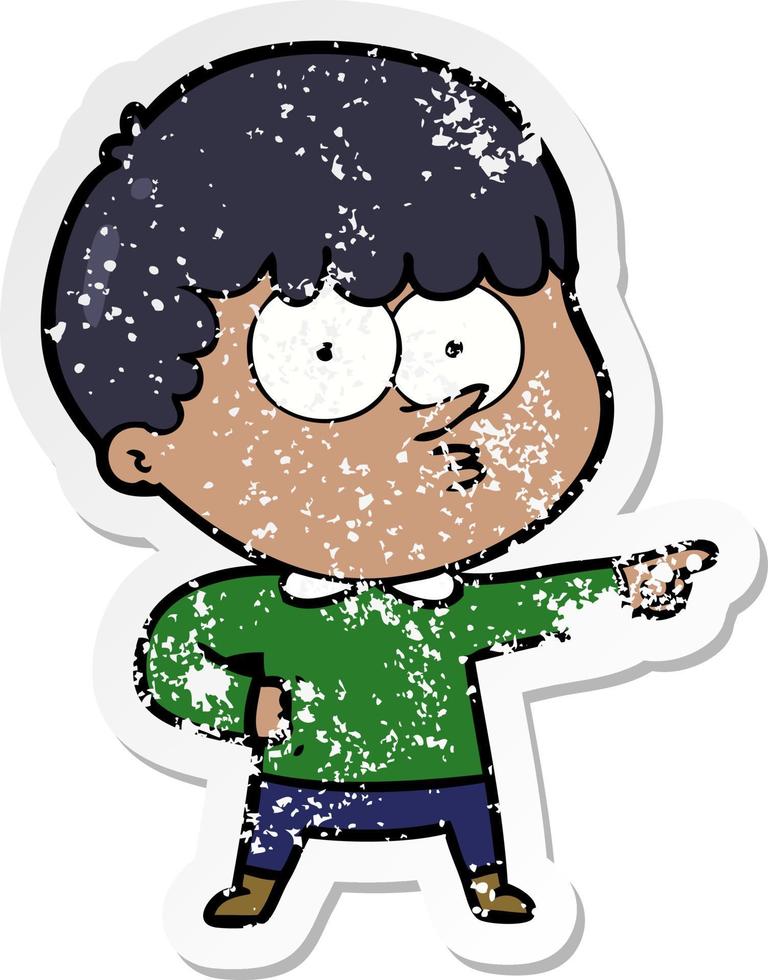 distressed sticker of a cartoon pointing boy vector
